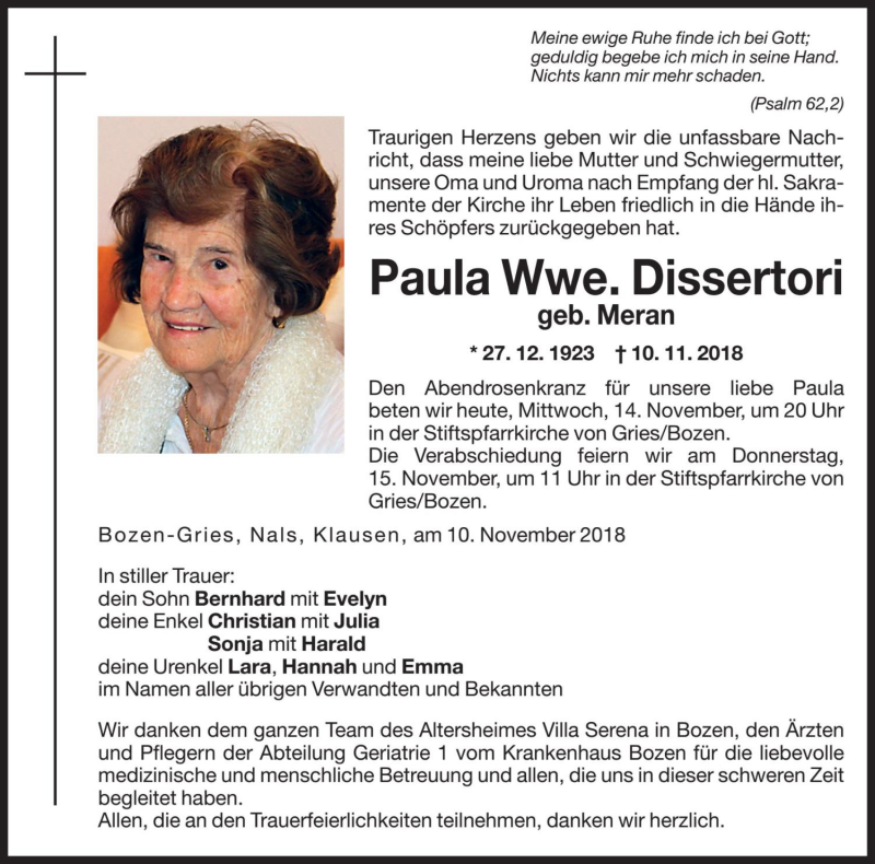  Traueranzeige für Paula Dissertori vom 14.11.2018 aus Dolomiten