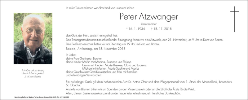  Traueranzeige für Peter Atzwanger vom 19.11.2018 aus Dolomiten