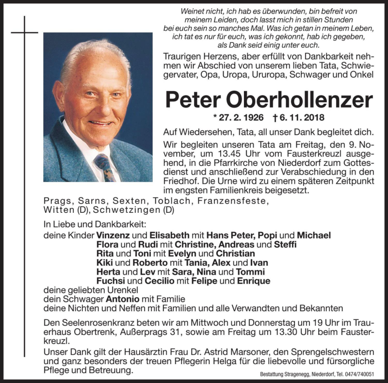  Traueranzeige für Peter Oberhollenzer vom 07.11.2018 aus Dolomiten