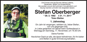 Traueranzeige von Stefan Oberberger von Dolomiten