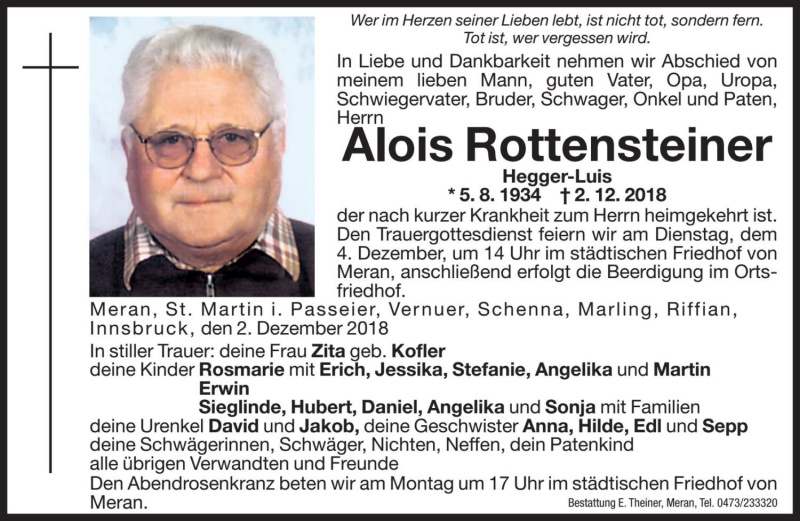  Traueranzeige für Alois Rottensteiner vom 03.12.2018 aus Dolomiten
