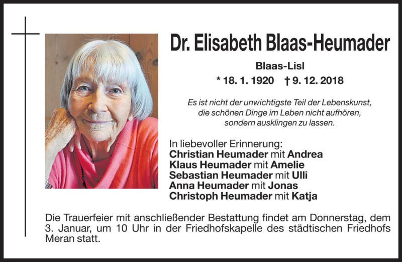  Traueranzeige für Elisabeth Blaas-Heumader vom 29.12.2018 aus Dolomiten