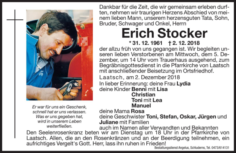  Traueranzeige für Erich Stocker vom 04.12.2018 aus Dolomiten