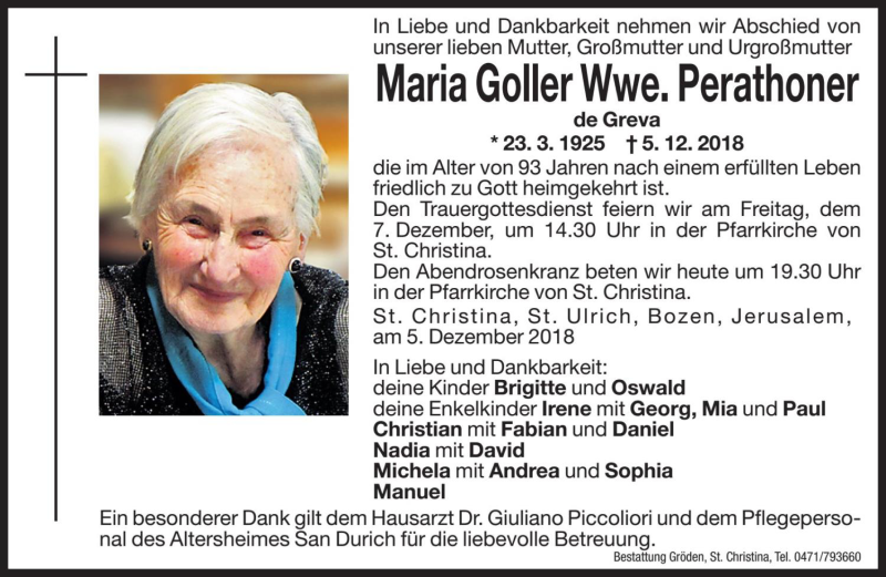  Traueranzeige für Maria Perathoner vom 06.12.2018 aus Dolomiten