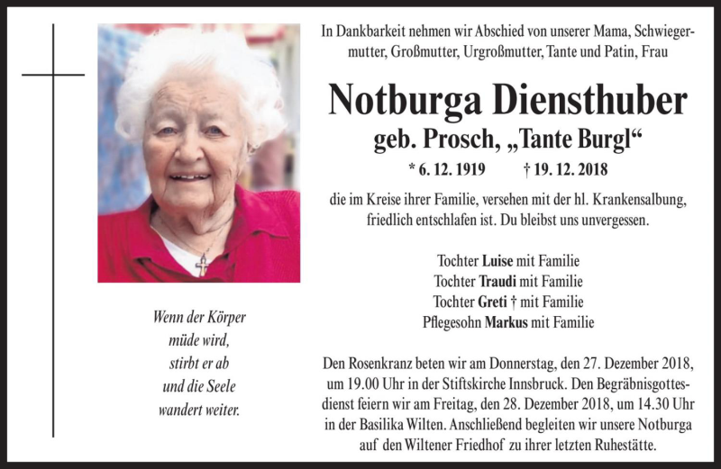  Traueranzeige für Notburga Diensthuber vom 22.12.2018 aus Dolomiten