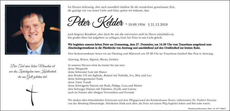 Traueranzeige für Peter Kelder vom 24.12.2018 aus Dolomiten
