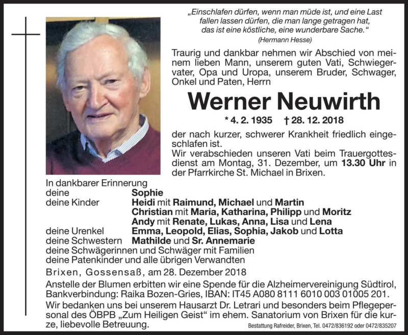  Traueranzeige für Werner Neuwirth vom 31.12.2018 aus Dolomiten
