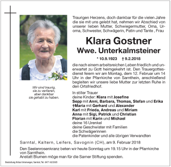 Traueranzeige von Klara Unterkalmsteiner von Zett