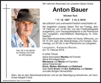 Traueranzeige von Anton Bauer von Dolomiten