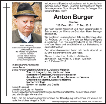 Traueranzeige von Anton Burger von Dolomiten