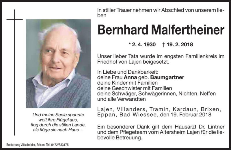  Traueranzeige für Bernhard Malfertheiner vom 23.02.2018 aus Dolomiten