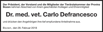 Traueranzeige von Carlo Defrancesco von Dolomiten