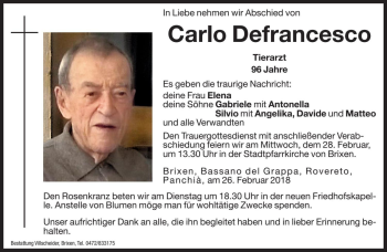 Traueranzeige von Carlo Defrancesco von Dolomiten