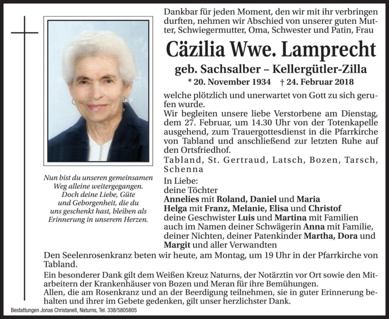  Traueranzeige für Cäzilia Lamprecht vom 26.02.2018 aus Dolomiten