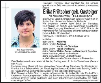 Traueranzeige von Erika Frötscher von Dolomiten