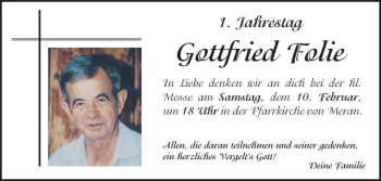 Traueranzeige von Gottfried Folie von Dolomiten