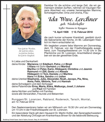 Traueranzeige von Ida Lerchner von Dolomiten