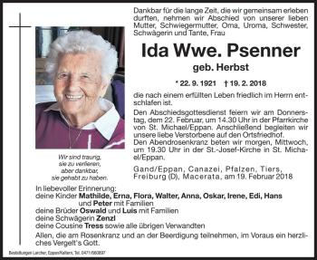Traueranzeige von Ida Psenner von Dolomiten