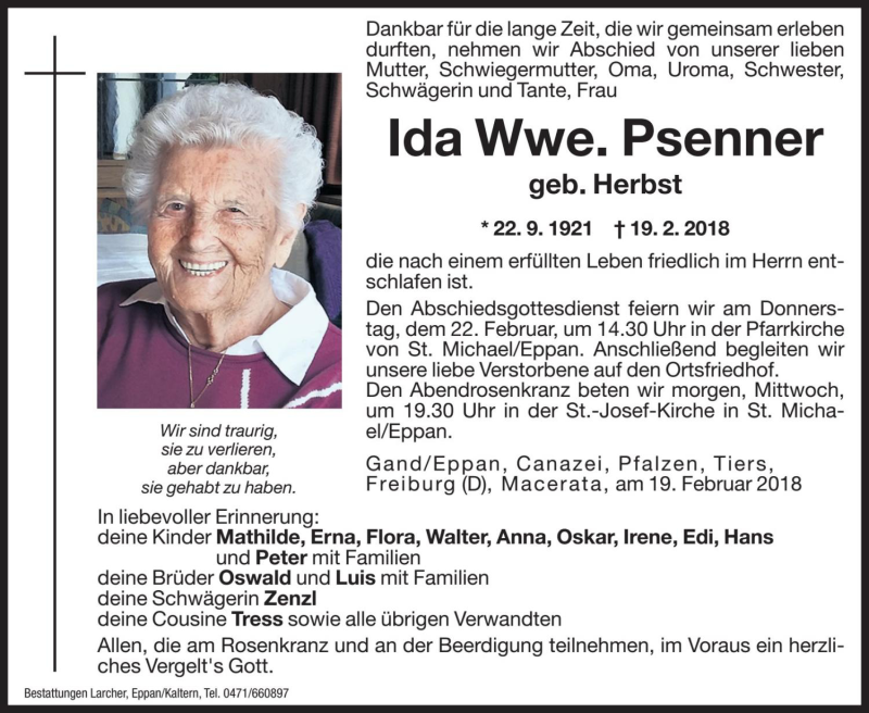  Traueranzeige für Ida Psenner vom 20.02.2018 aus Dolomiten