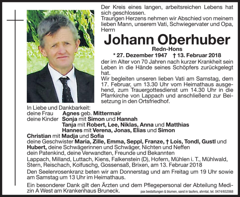  Traueranzeige für Johann Oberhuber vom 15.02.2018 aus Dolomiten