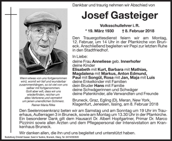 Traueranzeige von Josef Gasteiger von Dolomiten