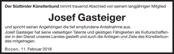 Traueranzeige von Josef Gasteiger von Dolomiten