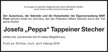 Traueranzeige von Josefa Stecher von Dolomiten