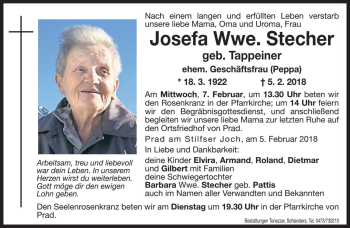 Traueranzeige von Josefa Stecher von Dolomiten