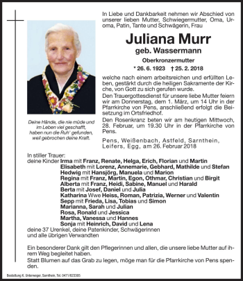 Traueranzeige von Juliana Murr von Dolomiten
