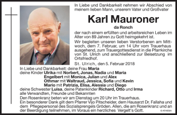 Traueranzeige von Karl Mauroner von Dolomiten