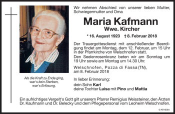 Traueranzeige von Maria Kircher von Dolomiten