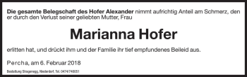 Traueranzeige von Marianna Hofer von Dolomiten