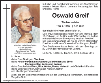 Traueranzeige von Oswald Greif von Dolomiten