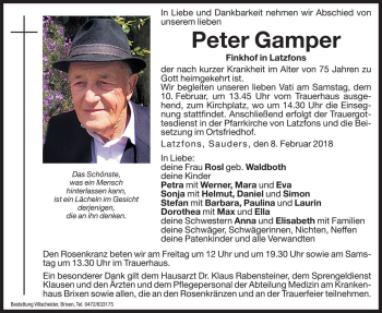 Traueranzeige von Peter Gamper von Dolomiten