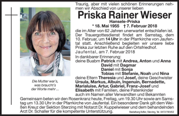 Traueranzeige von Priska Wieser von Dolomiten