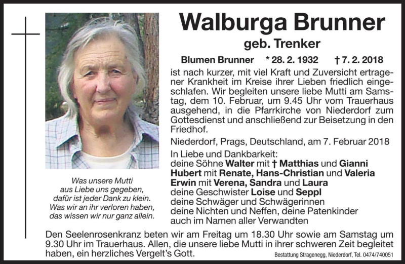  Traueranzeige für Walburga Brunner vom 09.02.2018 aus Dolomiten