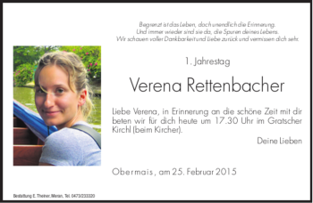 Traueranzeige von Verena Rettenbacher von Dolomiten