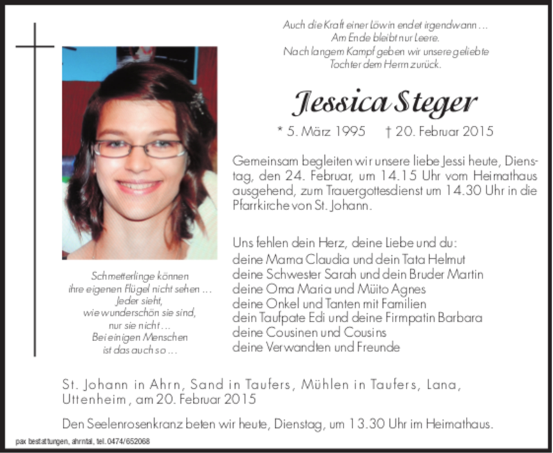  Traueranzeige für Jessica Steger vom 24.02.2015 aus Dolomiten