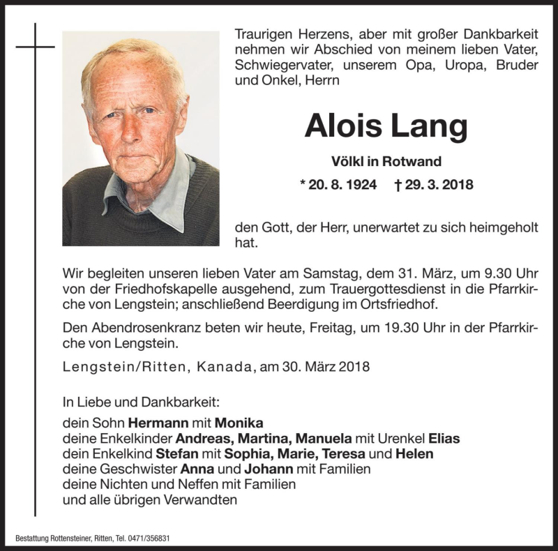  Traueranzeige für Alois Lang vom 30.03.2018 aus Dolomiten
