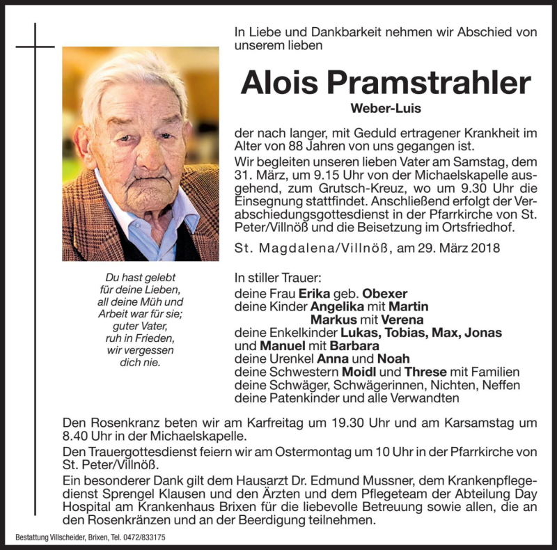  Traueranzeige für Alois Pramstrahler vom 30.03.2018 aus Dolomiten
