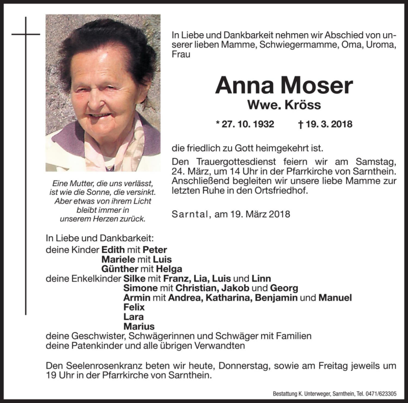  Traueranzeige für Anna Kröss vom 22.03.2018 aus Dolomiten
