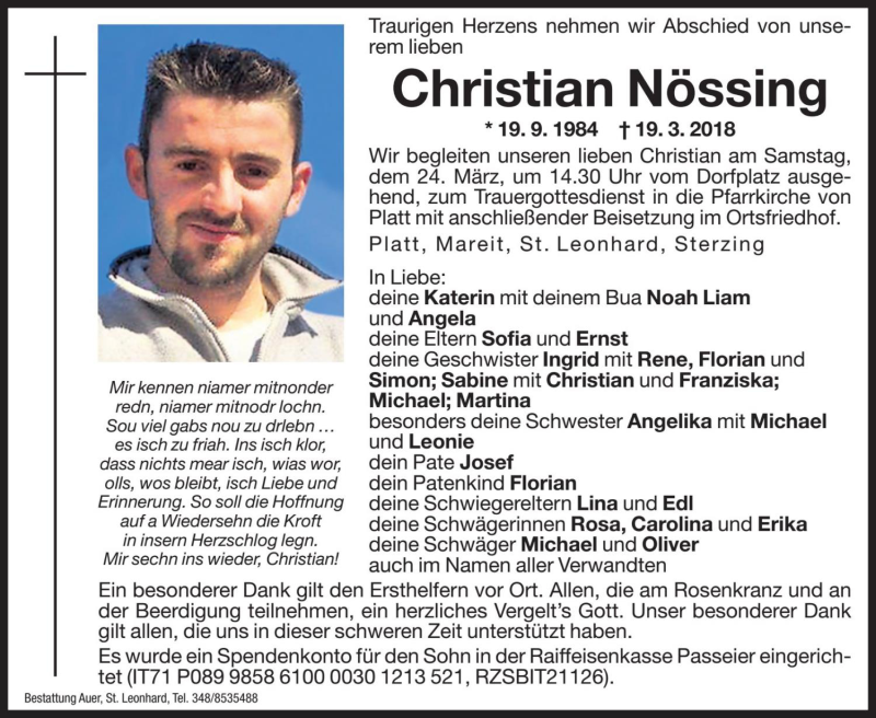  Traueranzeige für Christian Nössing vom 24.03.2018 aus Dolomiten