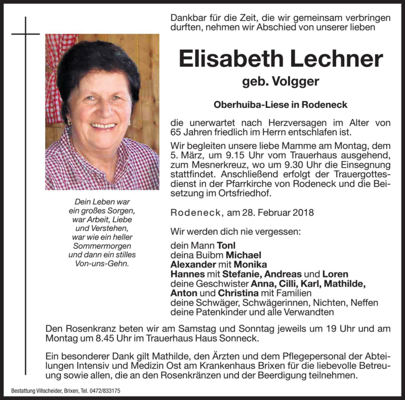  Traueranzeige für Elisabeth Lechner vom 03.03.2018 aus Dolomiten