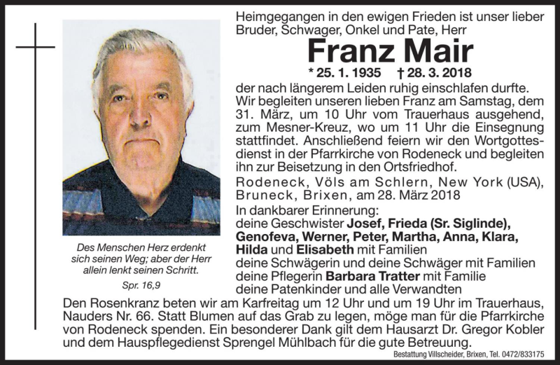  Traueranzeige für Franz Mair vom 30.03.2018 aus Dolomiten