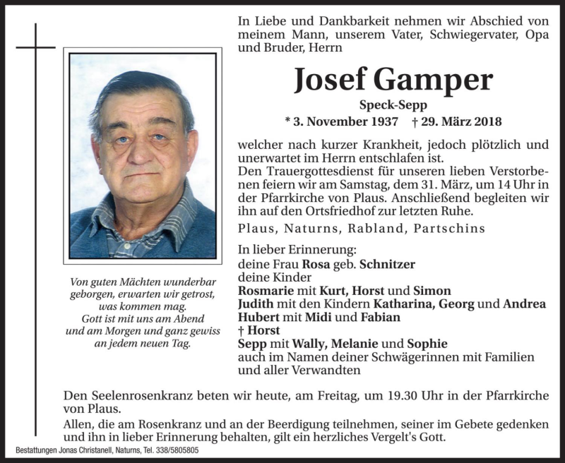  Traueranzeige für Josef Gamper vom 30.03.2018 aus Dolomiten