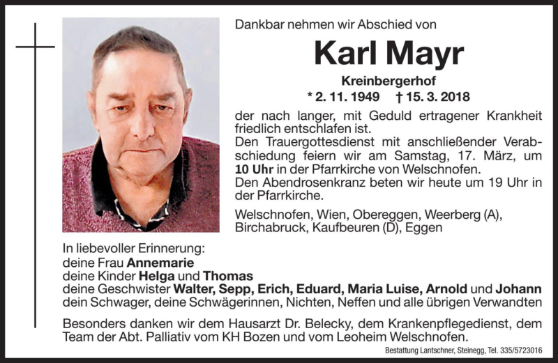  Traueranzeige für Karl Mayr vom 16.03.2018 aus Dolomiten