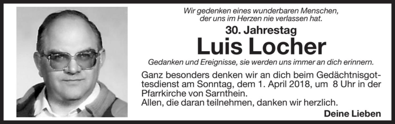  Traueranzeige für Luis Locher vom 30.03.2018 aus Dolomiten