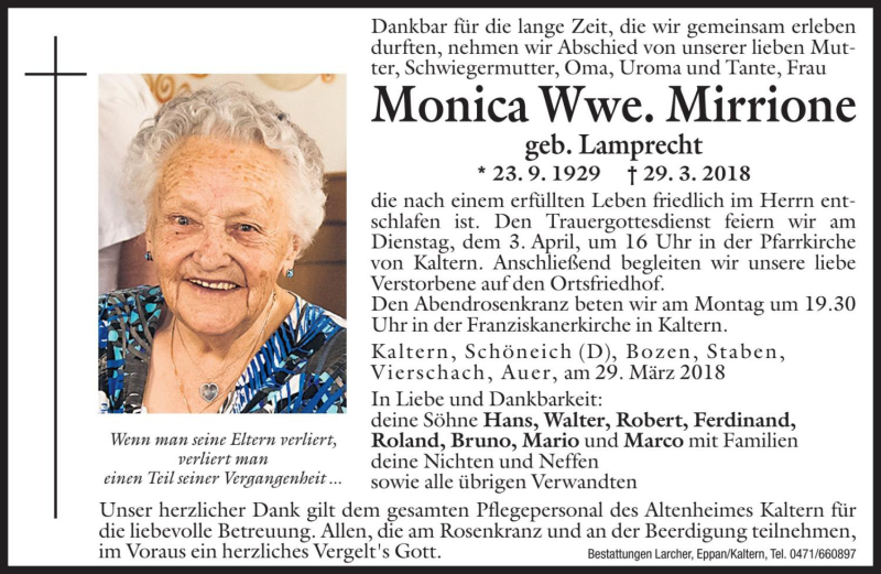  Traueranzeige für Monica Mirrione vom 30.03.2018 aus Dolomiten