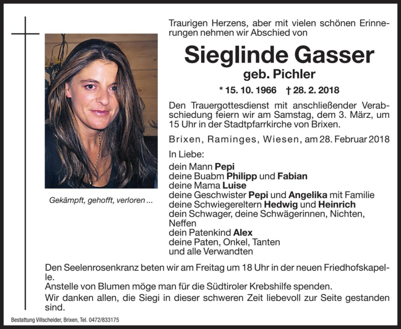 Traueranzeige für Sieglinde Gasser vom 01.03.2018 aus Dolomiten