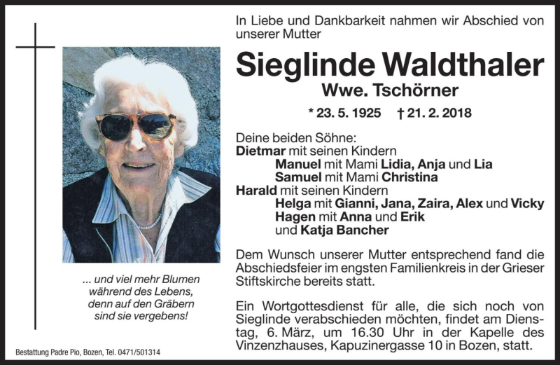  Traueranzeige für Sieglinde Tschörner vom 02.03.2018 aus Dolomiten